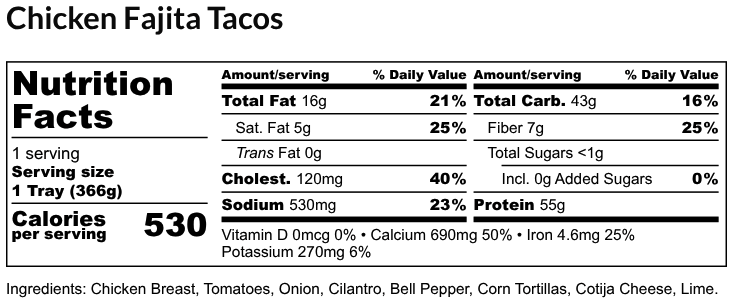 Nutritional Facts - Chicken Fajita Tacos 6oz